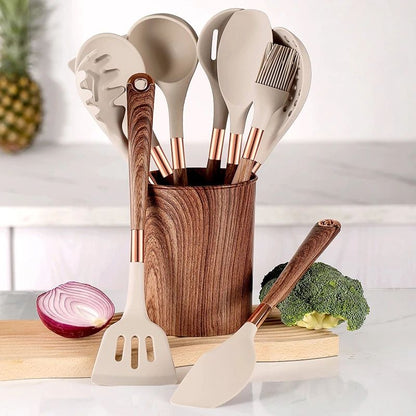 Silicone Kitchen Utensil Set with Wooden Handles