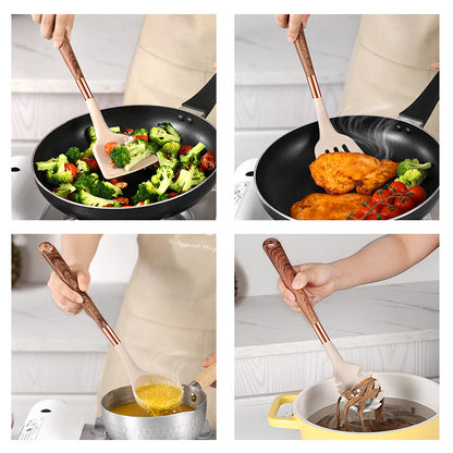Silicone Kitchen Utensil Set with Wooden Handles