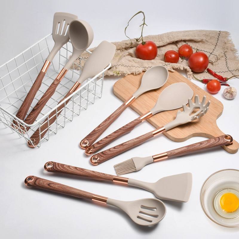 Silicone Kitchen Utensil Set with Wooden Handles