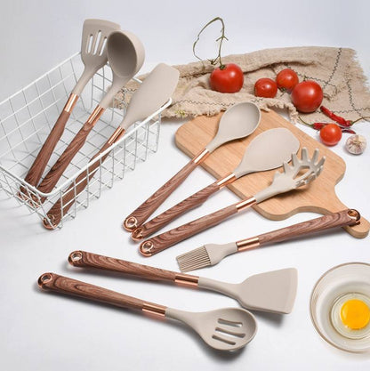 Silicone Kitchen Utensil Set with Wooden Handles