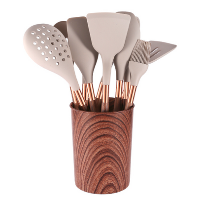 Silicone Kitchen Utensil Set with Wooden Handles