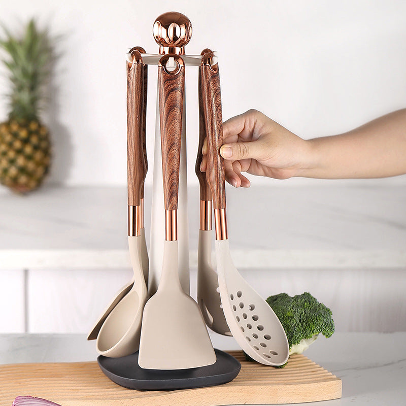Silicone Kitchen Utensil Set with Wooden Handles
