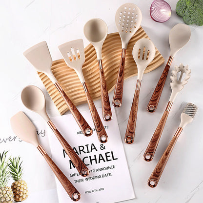 Silicone Kitchen Utensil Set with Wooden Handles
